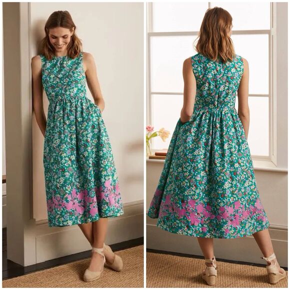 Boden Green Pink Floral Embroidered Midi Dress Sleeveless Fit & Flare Size 10 - Picture 1 of 15
